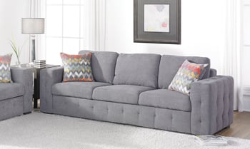 Tufted track arm sofa is upholstered in a contemporary Gray fabric.