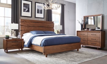 Denver Live Edge Contemporary Bedroom Set with Panel Bed, Dresser with Mirror and Nightstand in Rustic  Brown Finish