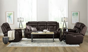77" wide leather power reclining loveseat from Kinetic Home.
