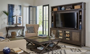 Aspenhome Westbrook entertainment wall unit includes console and hutch.
