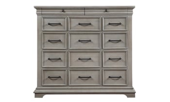 Transitional chest in a neutral gray weathered finish with 14 drawers.