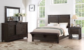 Hastings Weathered Brown Panel Bed is a fun farmhouse inspired bed with working sliding barn doors.