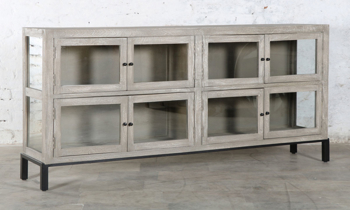 Solid wood entertainment console with a sand blasted Gray wash finish.