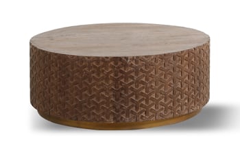 Artesia Home Bhima cocktail table features hand carved motif.