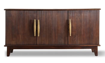 Media console that has 3 cabinets and mulitple shelves with brass handles.