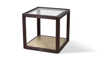 End table that was handcrafted by skilled artisans in India features solid wood, glass and brass foil base.