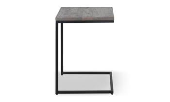 Handcrafted end table in a Gray wash finish on top of a black iron stand.