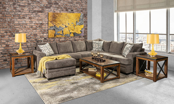 American made sectional with charcoal colored fabric upholstery.