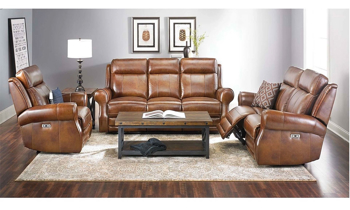 Luxury 3-piece power reclining living room set in warm brown top-grain leather with sofa, loveseat and chair features power headrests and USB ports