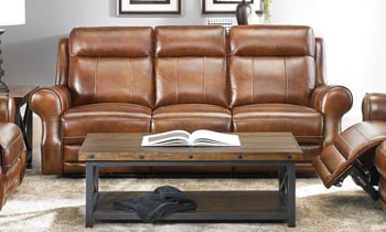 Era Nouveau Roll Arm Sofa with Power Headrest, Power Recliner and USB Charging in Rich Brown Top Grain Leather