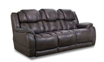 Power reclining living room set includes sofa, loveseat and recliner in a dark steel gray fabric.