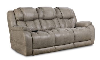 Power reclining living room set includes sofa, loveseat and recliner in a neutral mushroom beige fabric.