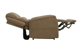 Latte brown power reclining recliner with side storage pockets.