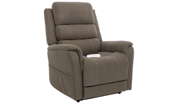 Latte gray power reclining recliner with side storage pockets.