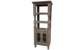 The Sage Gray 2-Door Bookcase is functional with hand crafted legs, storage shelves, a glass-front cabinet, and one fixed interior shelf in the cabinet.