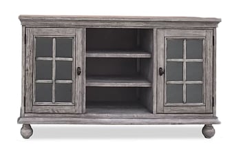 Transitional 3-piece entertainment wall unit with 66-inch console and two 79.5" tall storage piers in weathered wood finish
