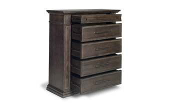 Bedroom chest in a brown finish with five drawers.