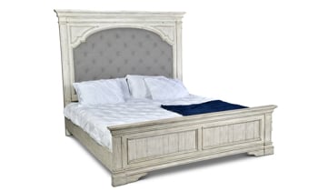 King mansion bed with upholstered 72" headboard in distressed white finish
