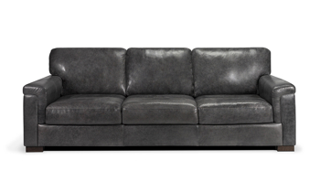 98-Inch wide Gray leather couch that was handcrafted in Italy.