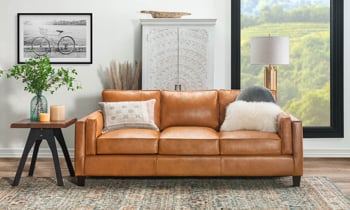 Room scene of the Taos Butterscotch top grain leather living room set from Rocky Mountain Leather Company.