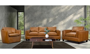 Top-grain leather sofa from Rocky Mountain Leather in a warm brown hue.