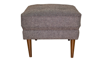 Mid-century modern ottoman with button tufting in a brown upholstery.