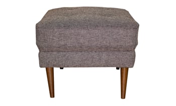 Mid-century modern ottoman with button tufting in a brown upholstery.