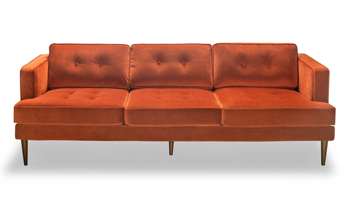 91" wide orange velvet sofa with button tufting.