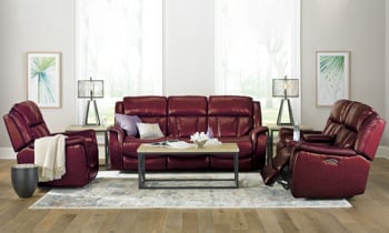 Red Prodigy leather power reclining sofa, loveseat and recliner.