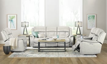Cream Prodigy leather power reclining sofa, loveseat and recliner.