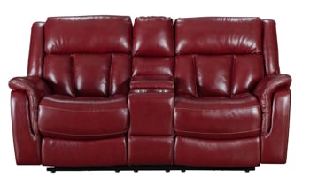 Prodigy red leather power reclining loveseat includes USB charging ports, storage console and cupholders.