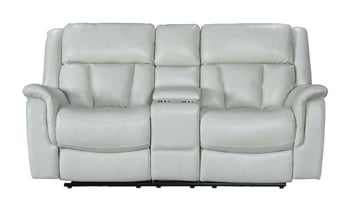 Prodigy cream leather power reclining loveseat includes USB charging ports, storage console and cupholders.
