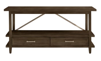 Bookcase is 60" wide and features two bottom drawers.