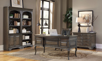 Traditional 61-inch pedestal desk with cabriole legs and 4 drawers in brushed truffle brown finish