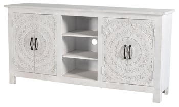 Whitewashed Carved Lace Sideboard features open shelves and cabinets with more storage.