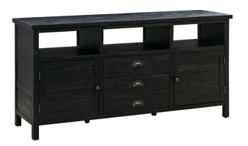 Solid wood black entertainment console is 65" wide and has plenty of storage.