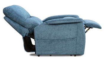 Power recliner in Lapis Blue fabric that also lifts.