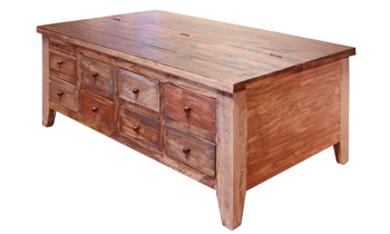 50-inch wide solid wood coffee table with storage drawers and hinged top.