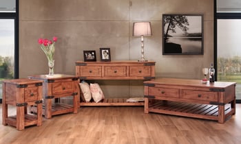 Rustic collection from Perennial Home made of solid Parota wood.