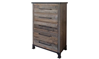 Rustic 5 drawer chest in a a brown and Gray finish.