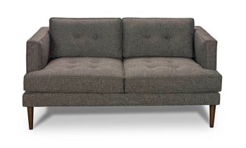 Detailed image of the tufted seats and track arms on the Sunset Brown Loveseat.