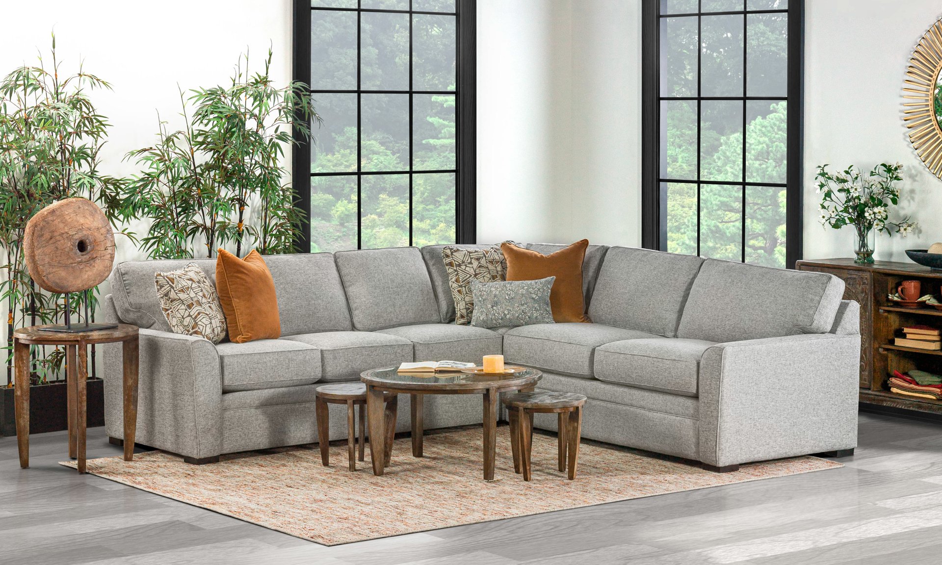 Neutral colored sectional in a living room that would look great in any home.